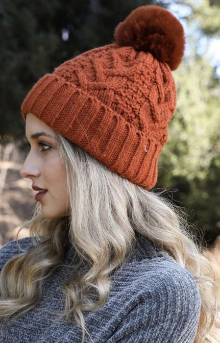 Paty Chunky Cable Knit Beanie with Fluffy Pom 