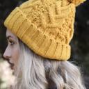 Mustard Paty Chunky Cable Knit Beanie with Fluffy Pom 