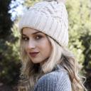 Off White Paty Chunky Cable Knit Beanie with Fluffy Pom 