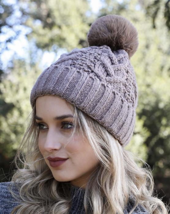 Paty Chunky Cable Knit Beanie with Fluffy Pom 