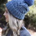 Blue Paty Chunky Cable Knit Beanie with Fluffy Pom 
