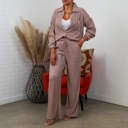 Small Mocha Mousse Amanda Crinkled Plisse Button Down Shirt Loungewear Set
