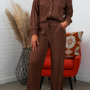 Small Chestnut Brown Amanda Crinkled Plisse Button Down Shirt Loungewear Set