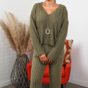 Small Olive Alice Ribbed Knit Sweater V Neck Loungewear 2 Piece Set