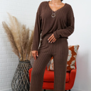 Small Brown Alice Ribbed Knit Sweater V Neck Loungewear 2 Piece Set