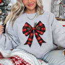 Small Athletic Grey Drop Shoulder Bella Canvas Christmas Girly Coquette Buffalo Plaid Bow Sweaters