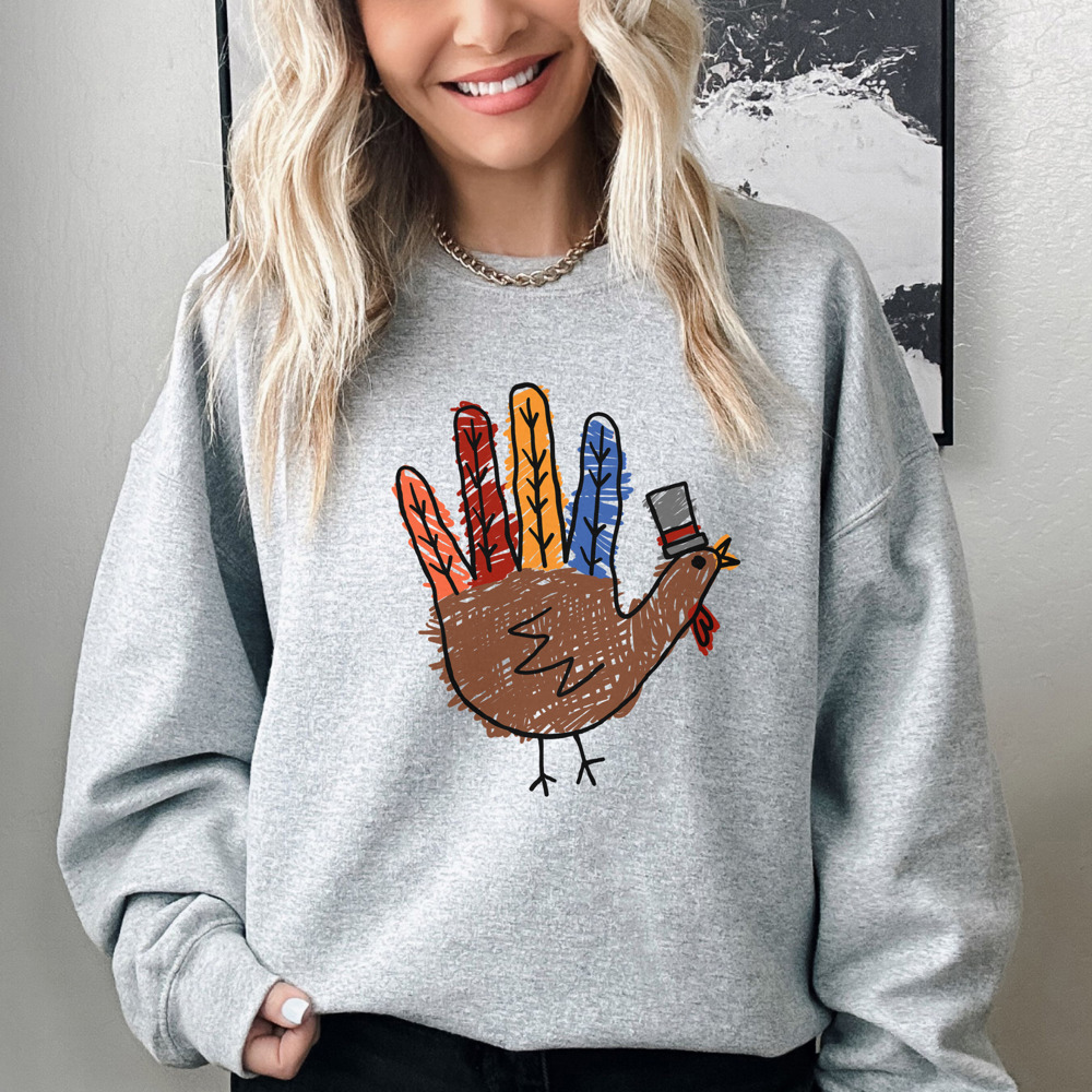 Soft Print Silly Turkey Hand Thanksgiving Bella Canvas Sweater