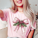  Pretty in Pink Christmas Coquette Sparkly Bow Graphic Tee