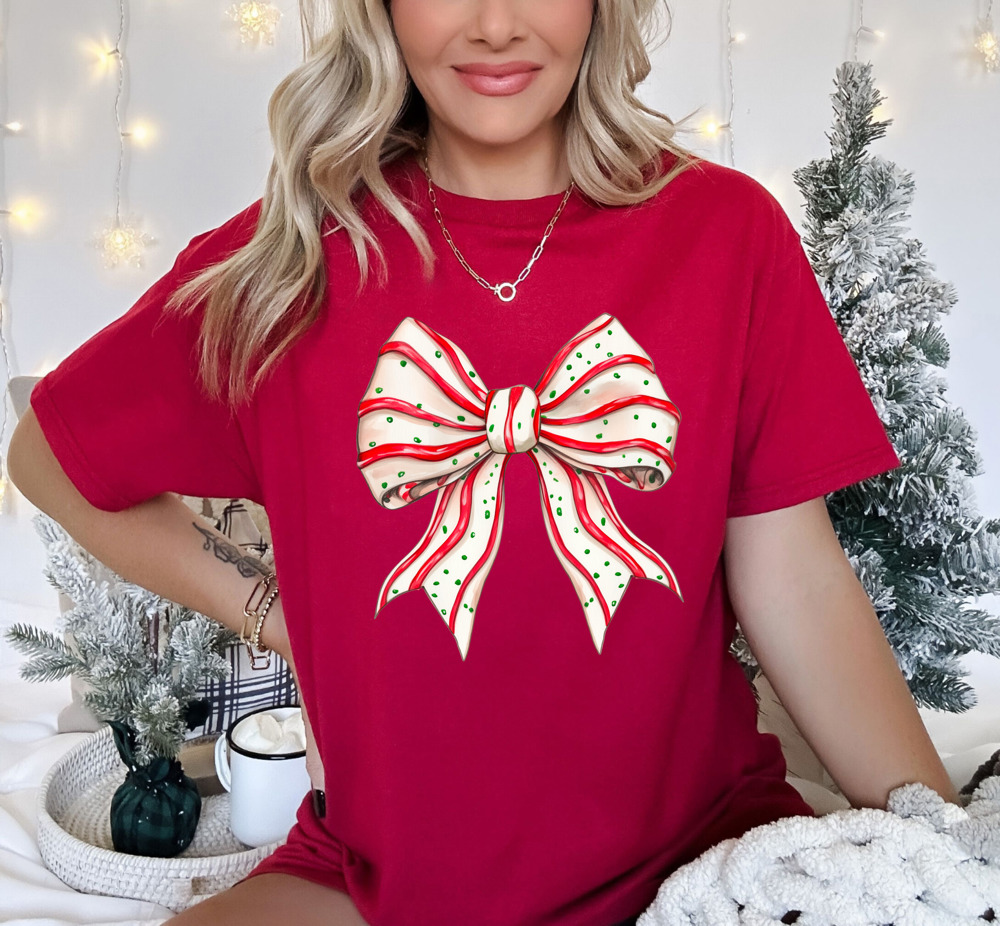 Christmas Cake Coquette Just Girly Bow Graphic Tee