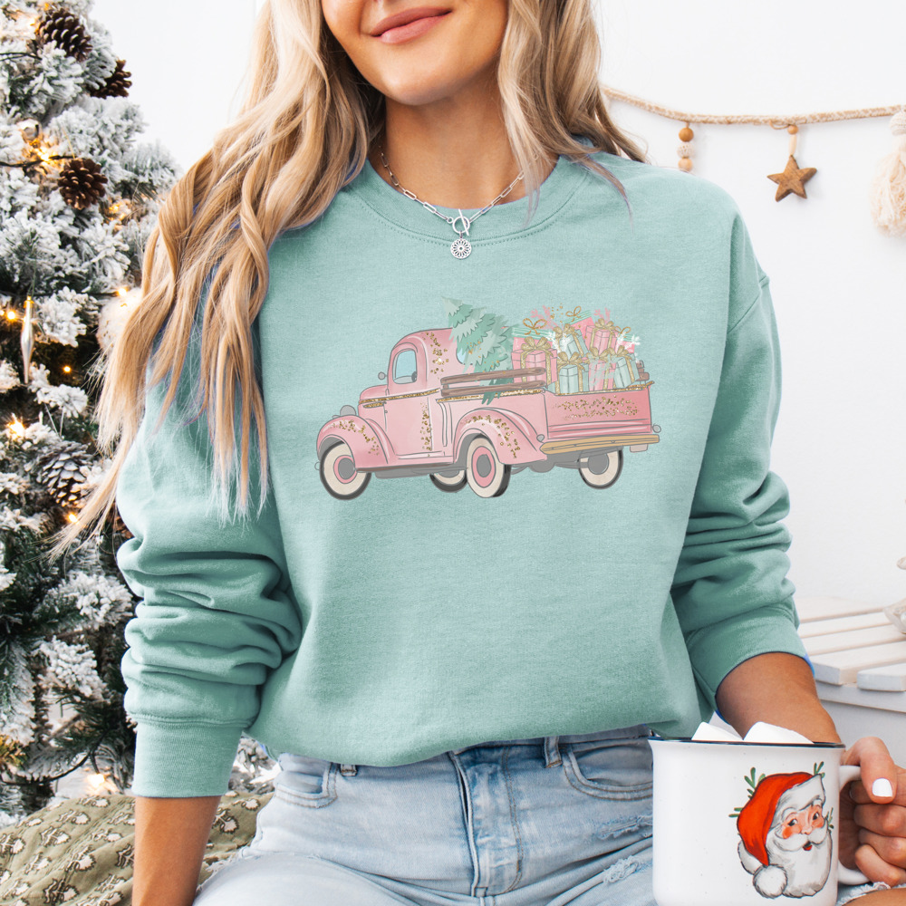 Vintage Pink and Minty Christmas Truck Bella Canvas Sweater