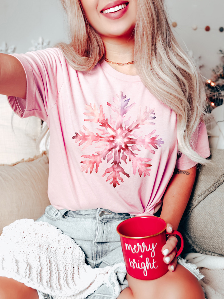 Hand Painted Watercolor Xmas Pink Snowflake Graphic Tee