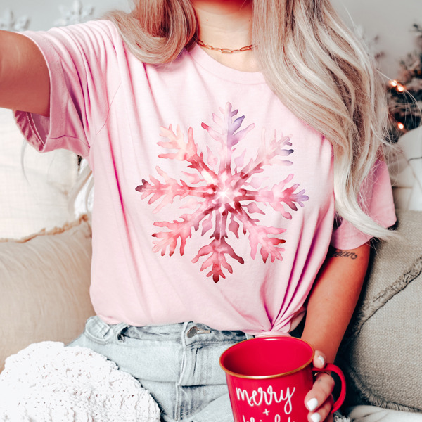 Hand Painted Watercolor Xmas Pink Snowflake Graphic Tee