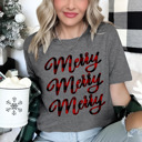 Small Heather Grey Buffalo Plaid Merry Merry Merry Tee Original Design