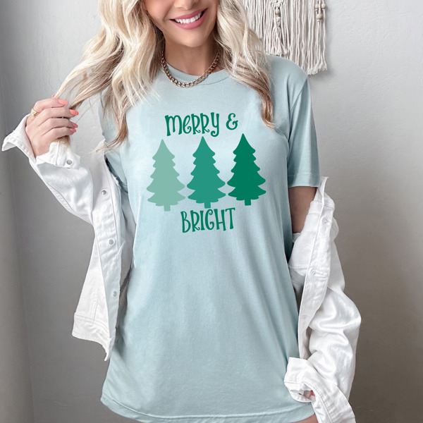 Merry and Bright Ombre Christmas Trees Graphic Tee