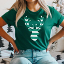 Small Evergreen Christmas Minty Striped Reindeer Graphic Tee