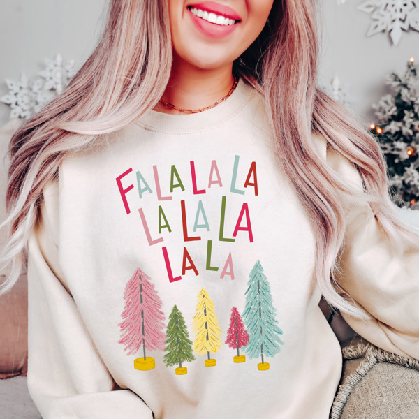 Unique Christmas Color 'Fa La La La La' Bottle Brush Tree Bella Canvas Sweater