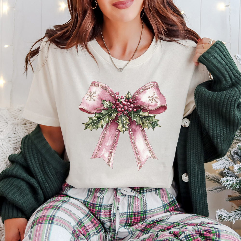 Pretty in Pink Christmas Coquette Sparkly Bow Graphic Tee