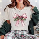 Small Natural Pretty in Pink Christmas Coquette Sparkly Bow Graphic Tee