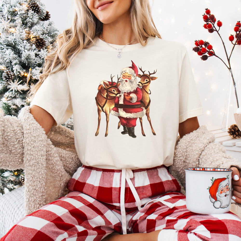 Throwback Nostalgic Santa And Reindeer Print Bella Canvas Tee