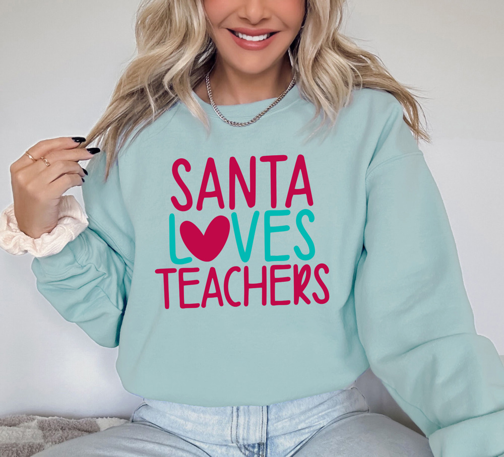 Cute Christmas Santa Loves Teachers Bella Canvas Sweaters