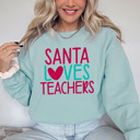 Small Dusty Blue Drop Shoulder Cute Christmas Santa Loves Teachers Bella Canvas Sweaters