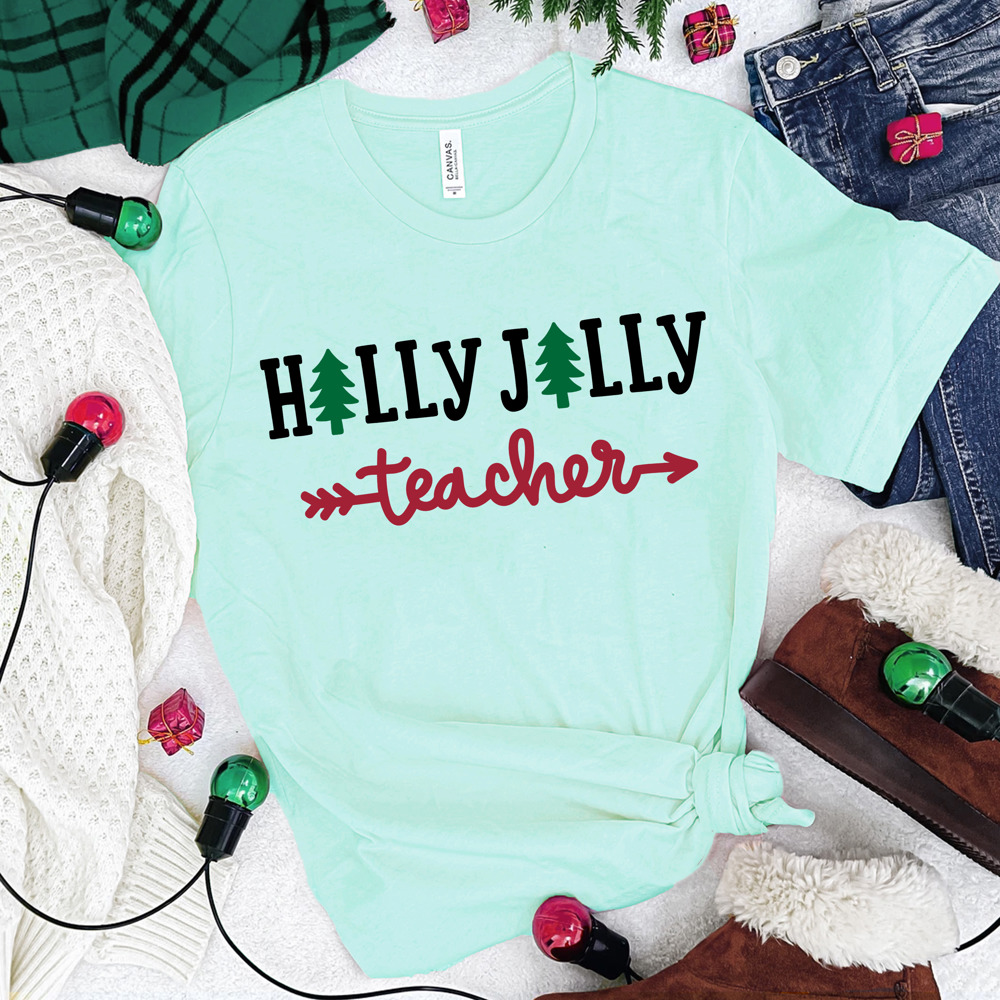 Cute Holly Jolly Teach Bella Canvas Tee