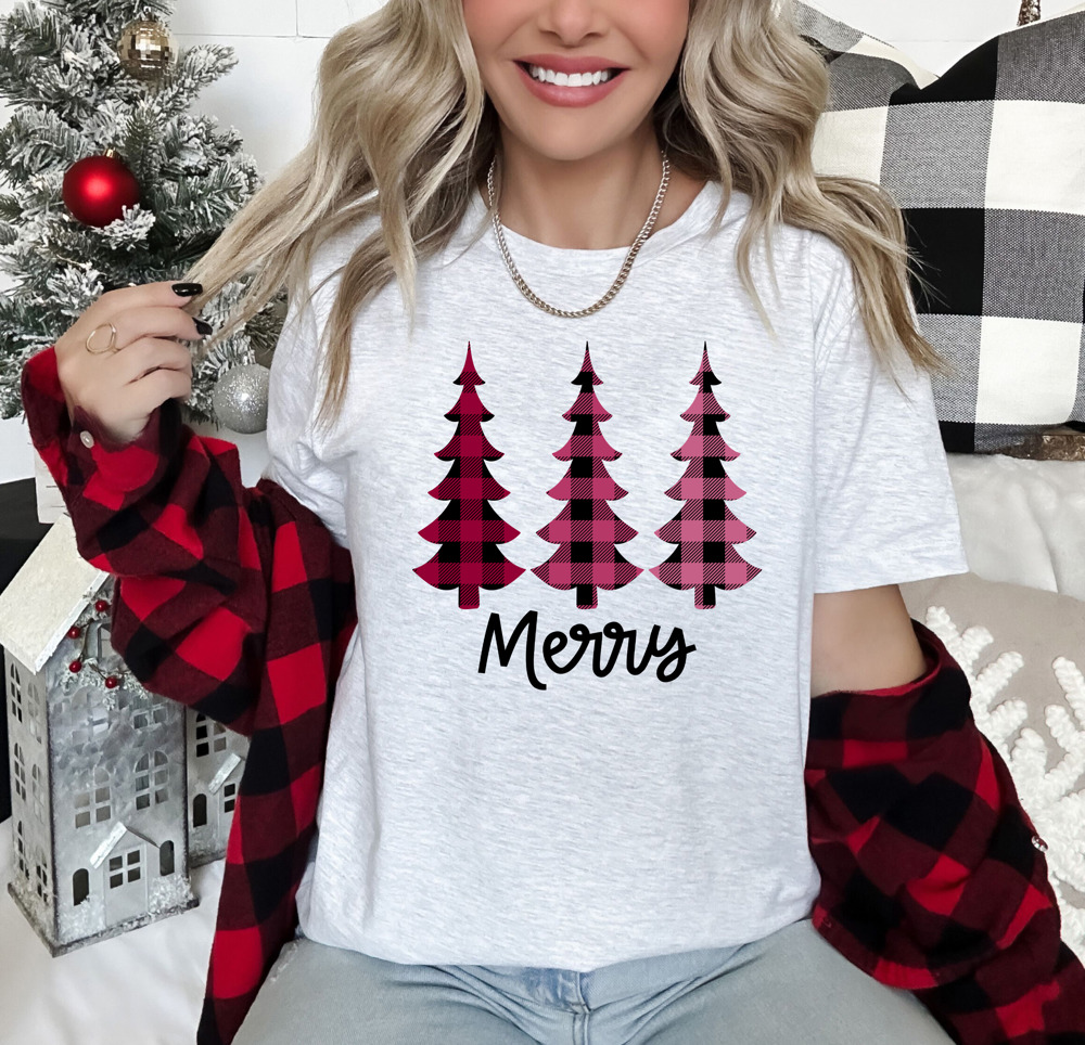 Merry Buffalo Plaid Christmas Trees Bella Canvas Tee