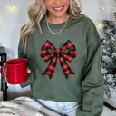 Small Military Green Drop Shoulder Bella Canvas Christmas Girly Coquette Buffalo Plaid Bow Sweaters