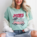 Small Heather Mint Bella Canvas Retro Style Merry and Bright Christmas Tee