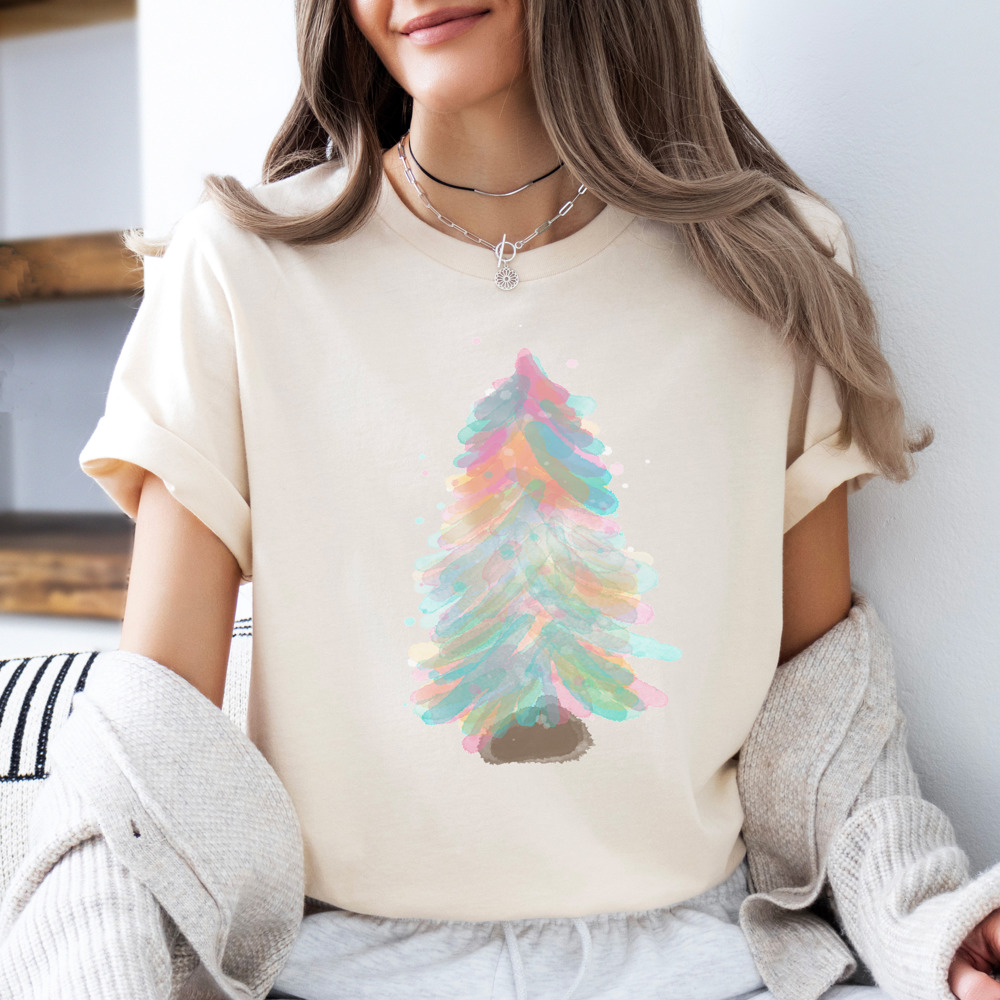 Soft Pastel Watercolor Christmas Tree Bella Canvas Tee