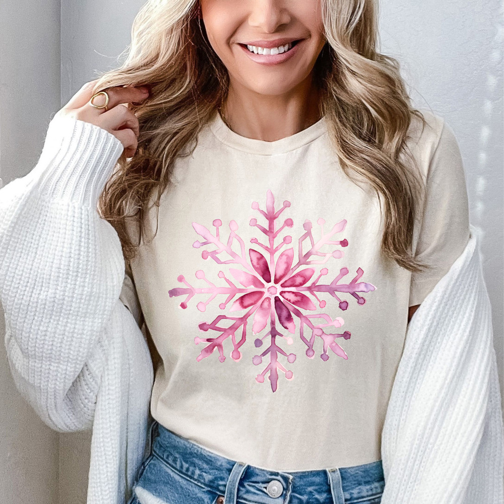 Watercolor Painted Pink Snowflake Christmas Tee