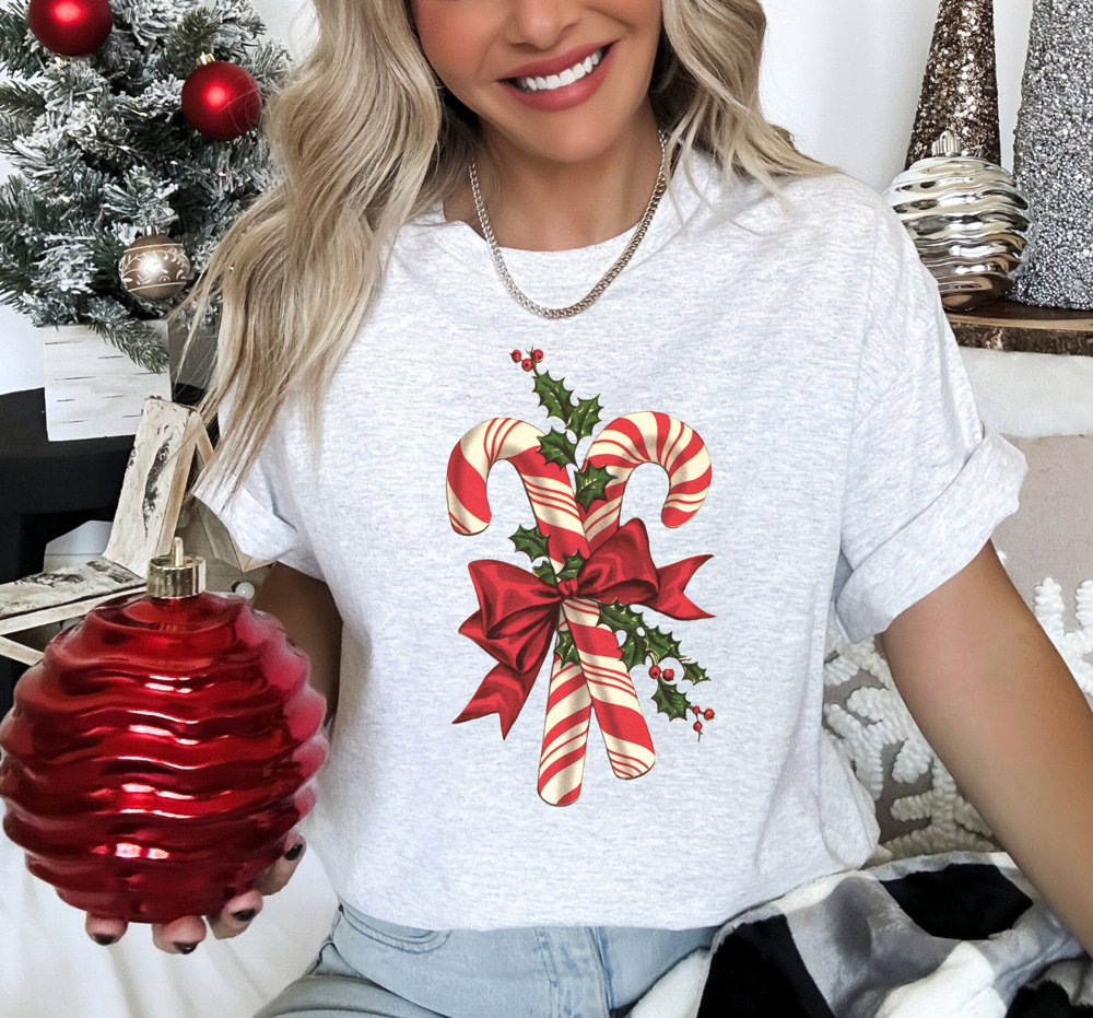 Vintage Candy Cane And Holly Print Bella Canvas Tee