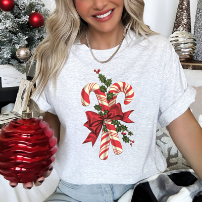 Vintage Candy Cane And Holly Print Bella Canvas Tee