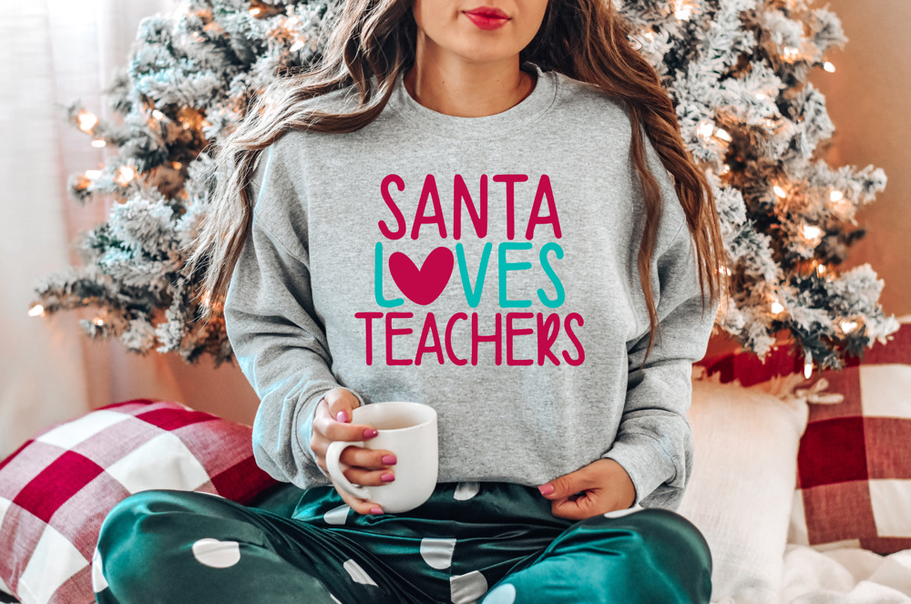 Cute Christmas Santa Loves Teachers Bella Canvas Sweaters