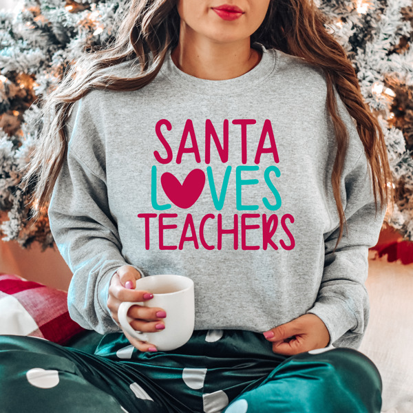 Cute Christmas Santa Loves Teachers Bella Canvas Sweaters