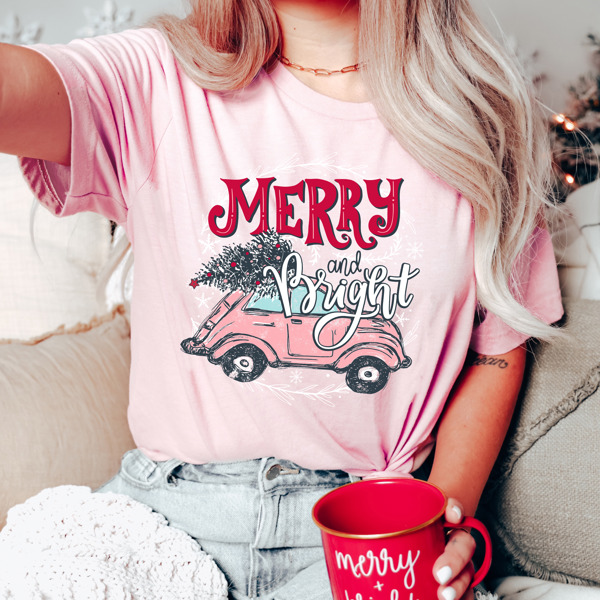 Bella Canvas Retro Style Merry and Bright Christmas Tee