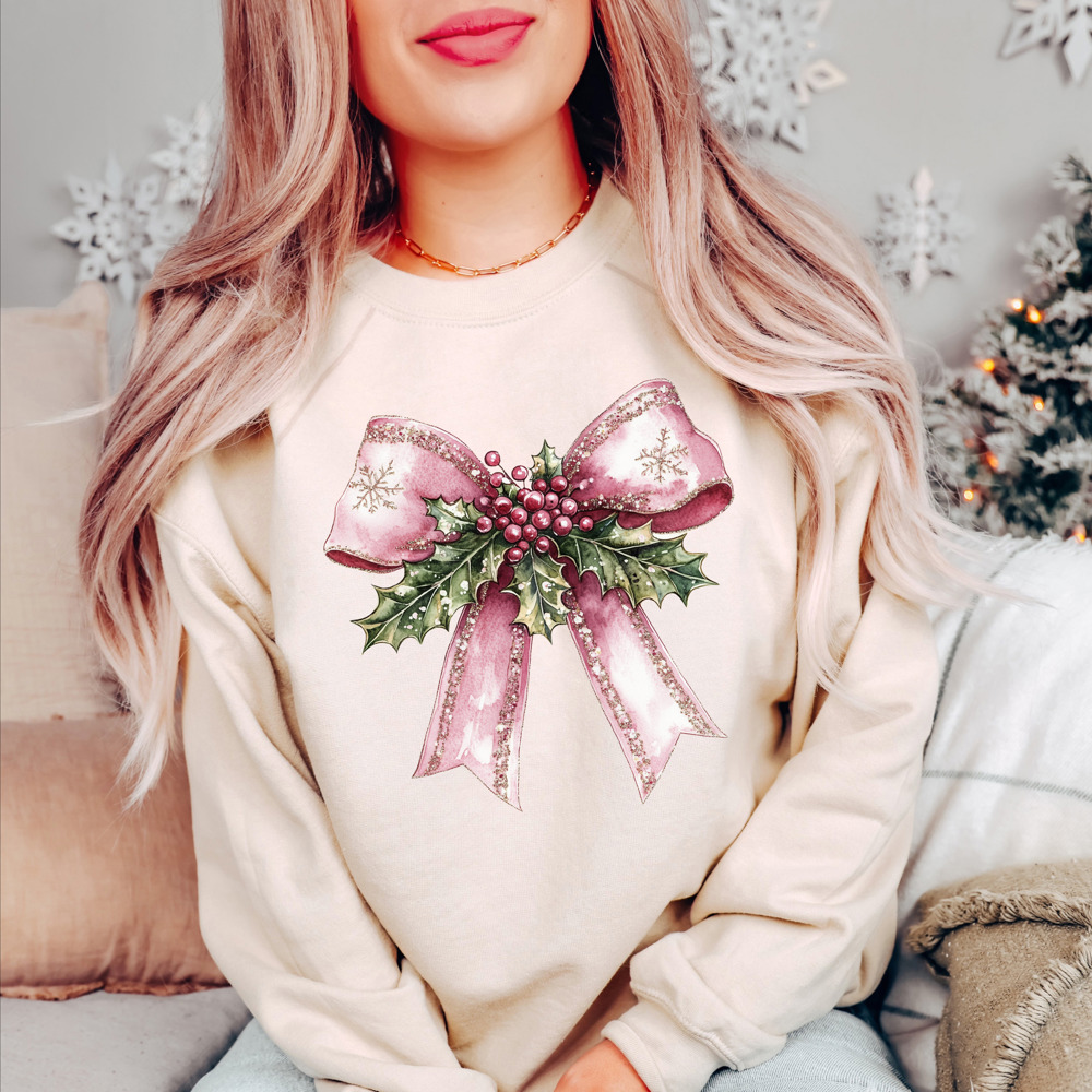 Pretty Girly and Pink Coquette Bow Bella Canvas Christmas Sweater