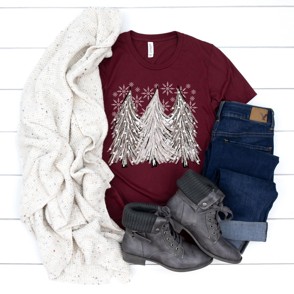 Winter Snow and Christmas Trees Bella Canvas Tee