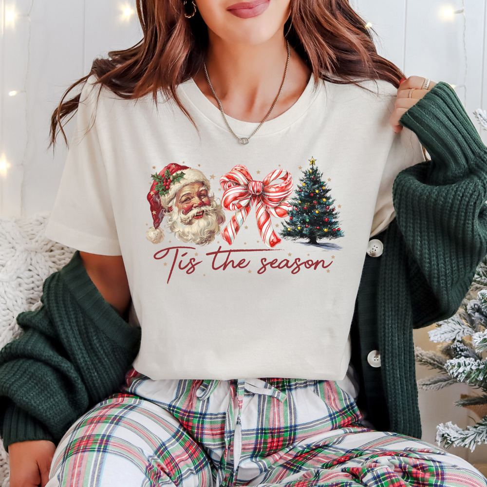 Tis The Season Christmas Coquette Bow and Santa Graphic Tee