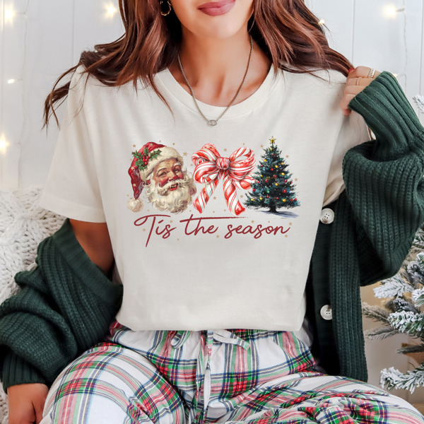 Tis The Season Christmas Coquette Bow and Santa Graphic Tee