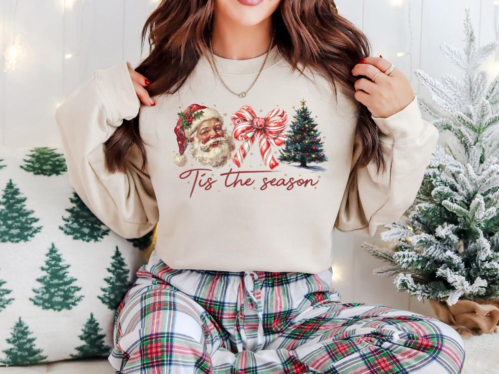 Tis The Season Santa and Coquette Bow Style Bella Canvas Sweater