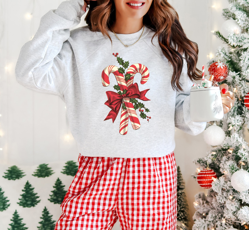 Vintage Candy Cane And Holly Print Bella Canvas Sweater