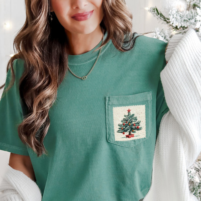 Vintage Holiday Tree Christmas Stamp Comfort Colors Pocket Tee