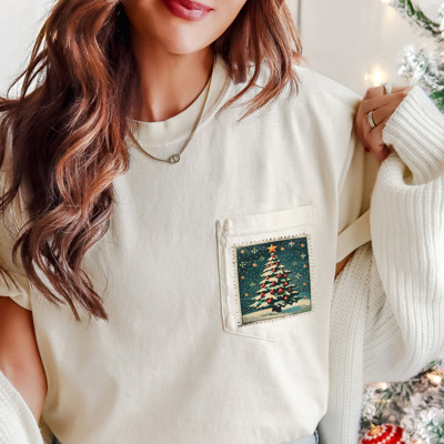 Vintage Christmas Tree Holiday Stamp Comfort Colors Pocket Tee