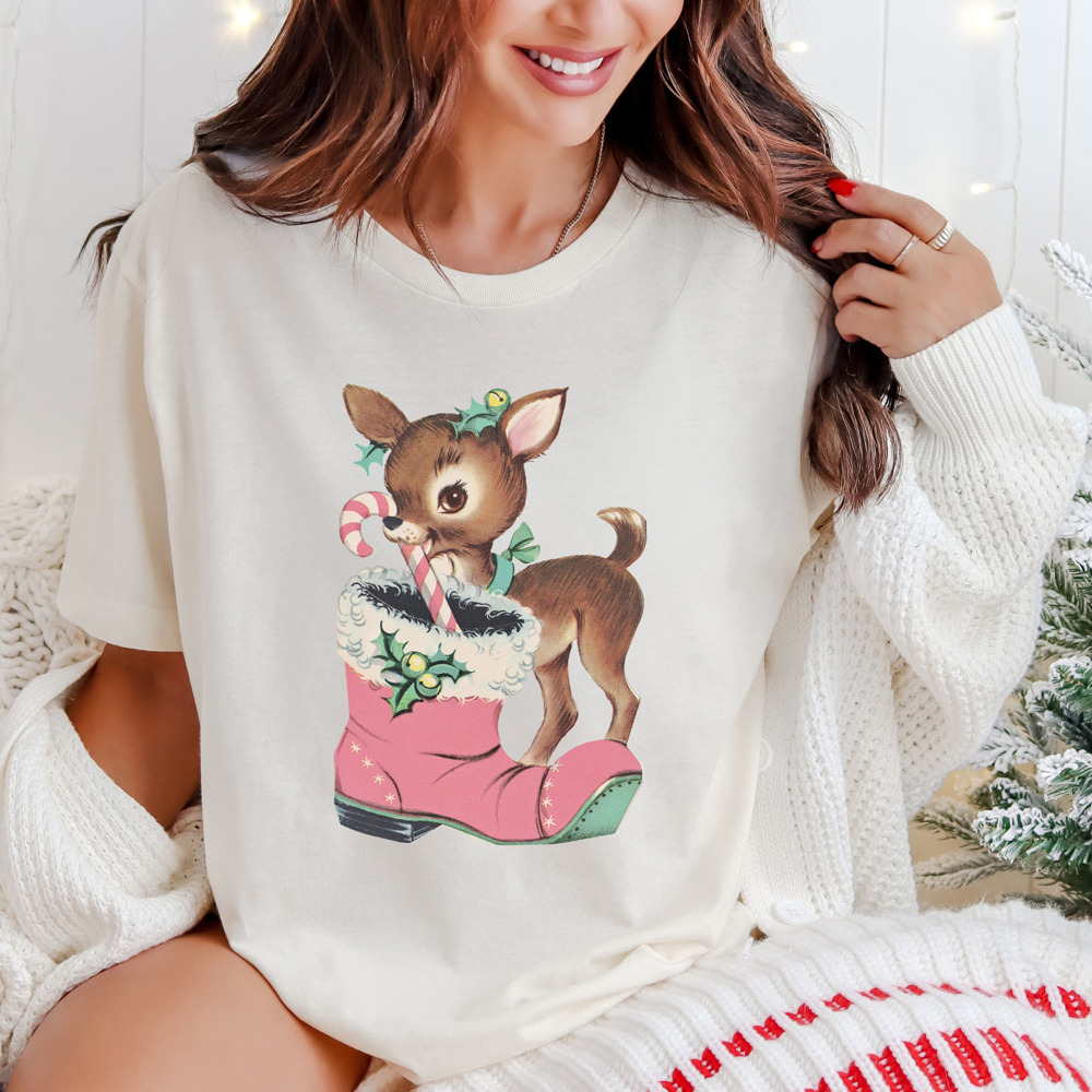 Vintage Christmas Reindeer and Cute Stocking Bella Canvas Tee