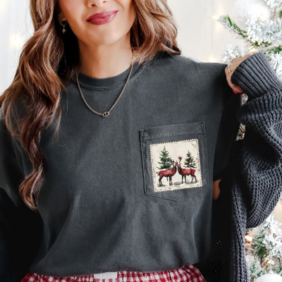 Vintage Winter Holiday Reindeer Stamp Comfort Colors Pocket Tee