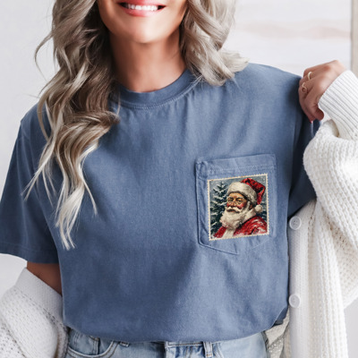Vintage Santa Stamp Christmas Holiday Comfort Colors Pocket Tee
