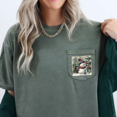 Vintage Christmas Snowman Stamp Comfort Colors Pocket Tee
