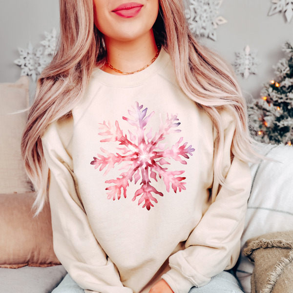 Pink Christmas Hand Painted Watercolor Snowflake Bella Sweaters