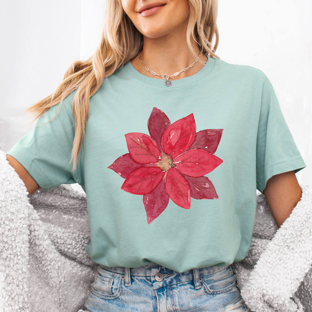 Sweet And Classic Red Watercolor Poinsettia Bella Canvas Tee